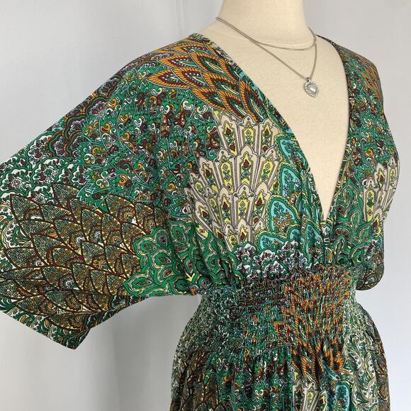 Y2K Mini Dress Green Geometric Print Babydoll Fairy Grunge Stretch Casual Boho - Picture 5 of 14